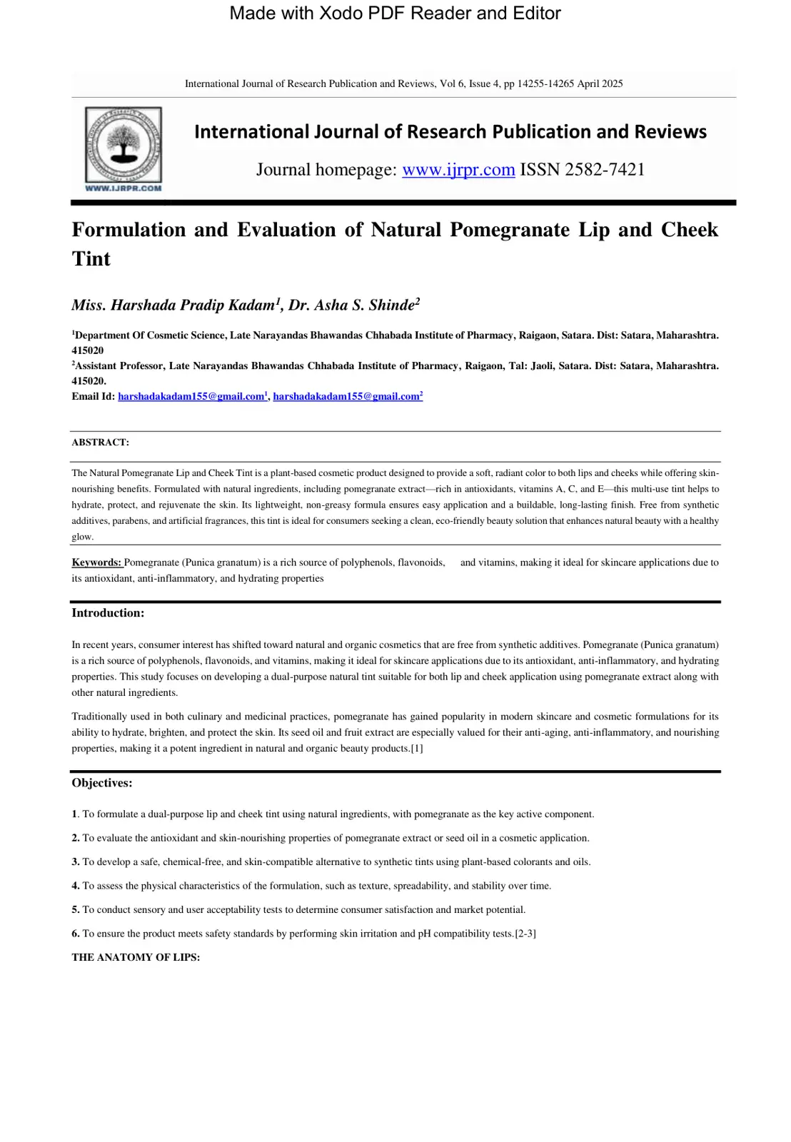 غلاف تقرير Formulation and Evaluation of Natural Pomegranate Lip and Cheek Tint