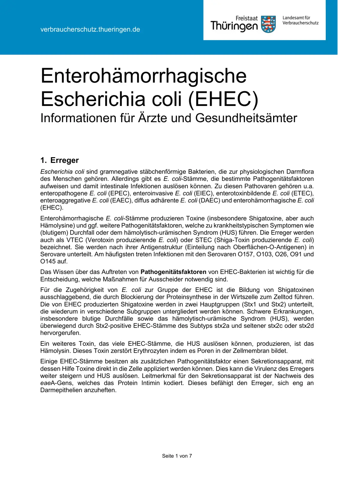 غلاف تقرير Enterohämorrhagische Escherichia coli (EHEC) Informationen für Ärzte und Gesundheitsämter
