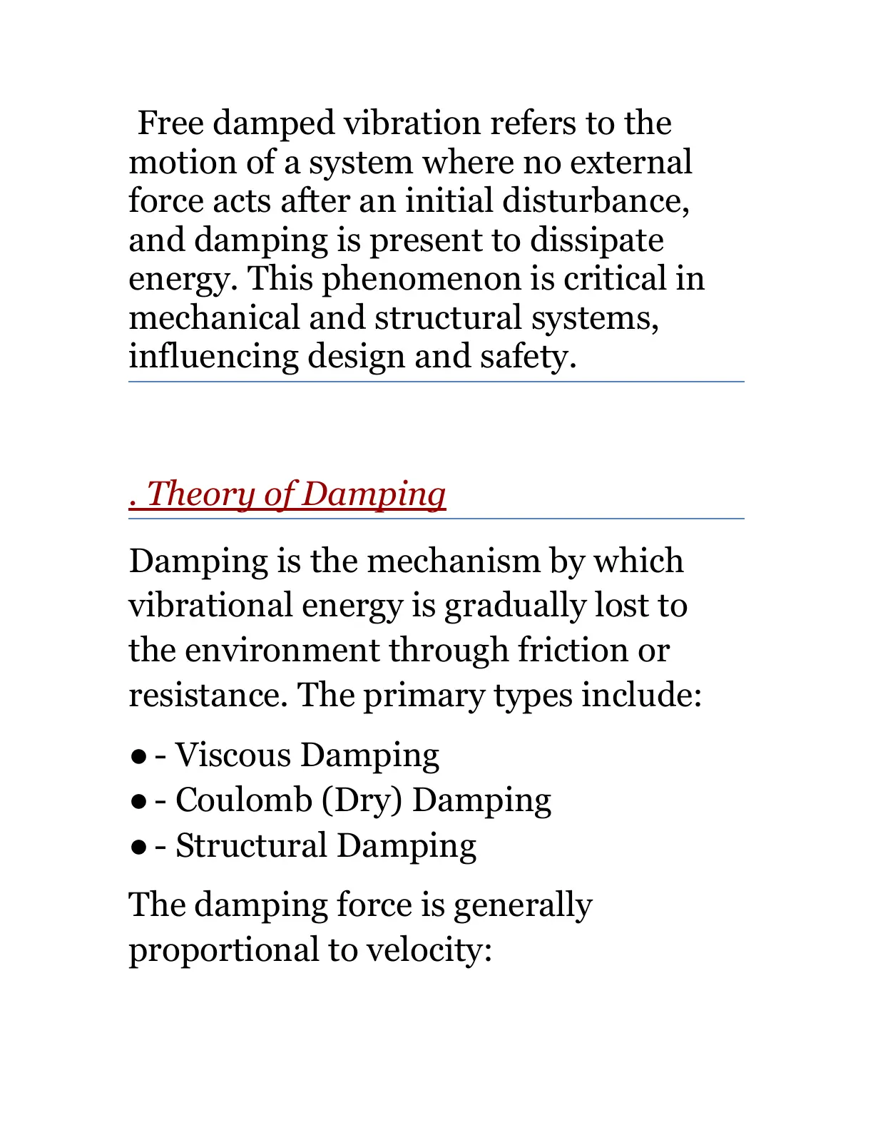 غلاف تقرير Free Damped Vibration and Theory of Damping
