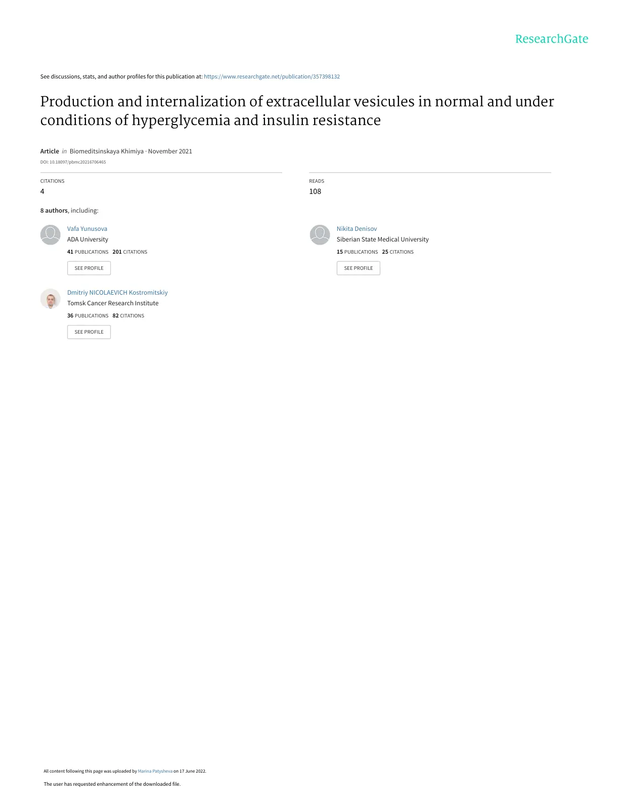 غلاف تقرير Production and Internalization of Extracellular Vesicles in Normal and Under Conditions of Hyperglycemia and Insulin Resistance