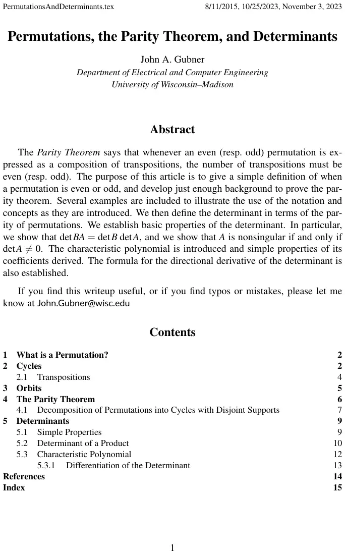 غلاف تقرير Permutations, the Parity Theorem, and Determinants