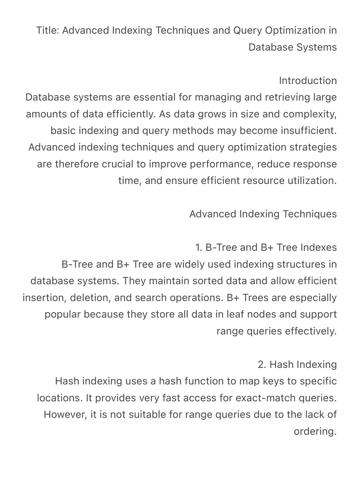 غلاف تقرير Advanced Indexing Techniques and Query Optimization in Database Systems