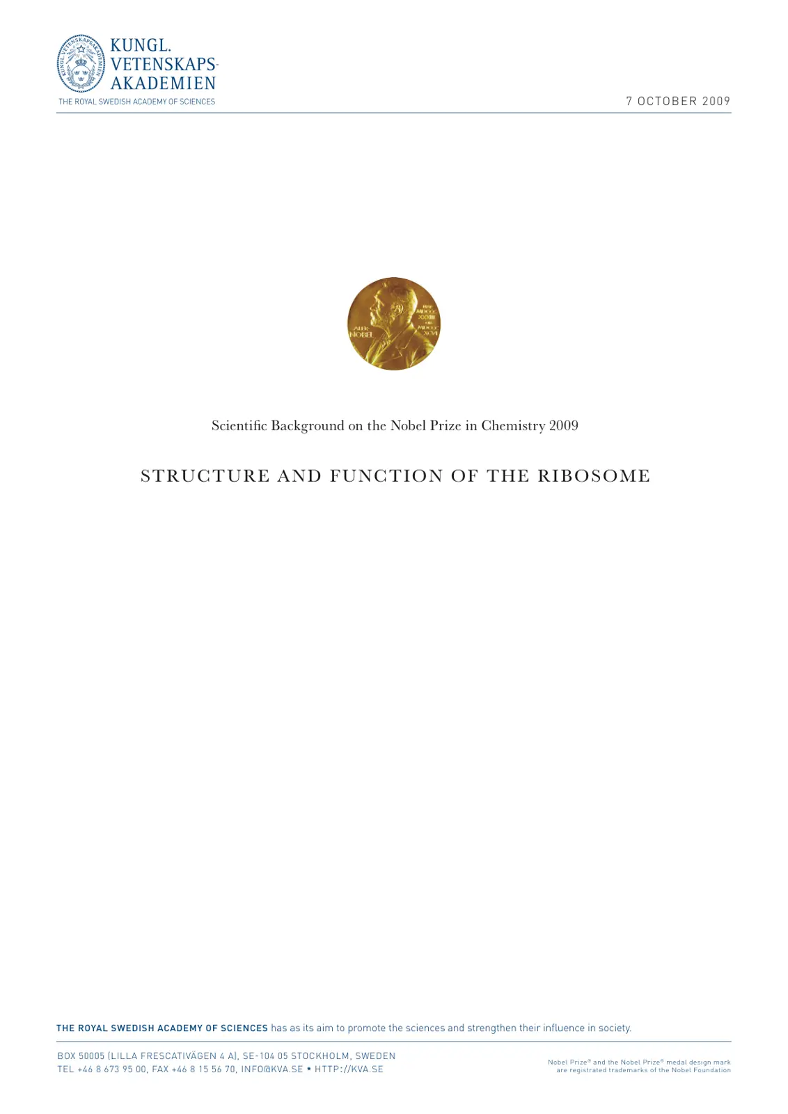 غلاف تقرير Scientific Background on the Nobel Prize in Chemistry 2009 STRUCTURE AND FUNCTION OF THE RIBOSOME