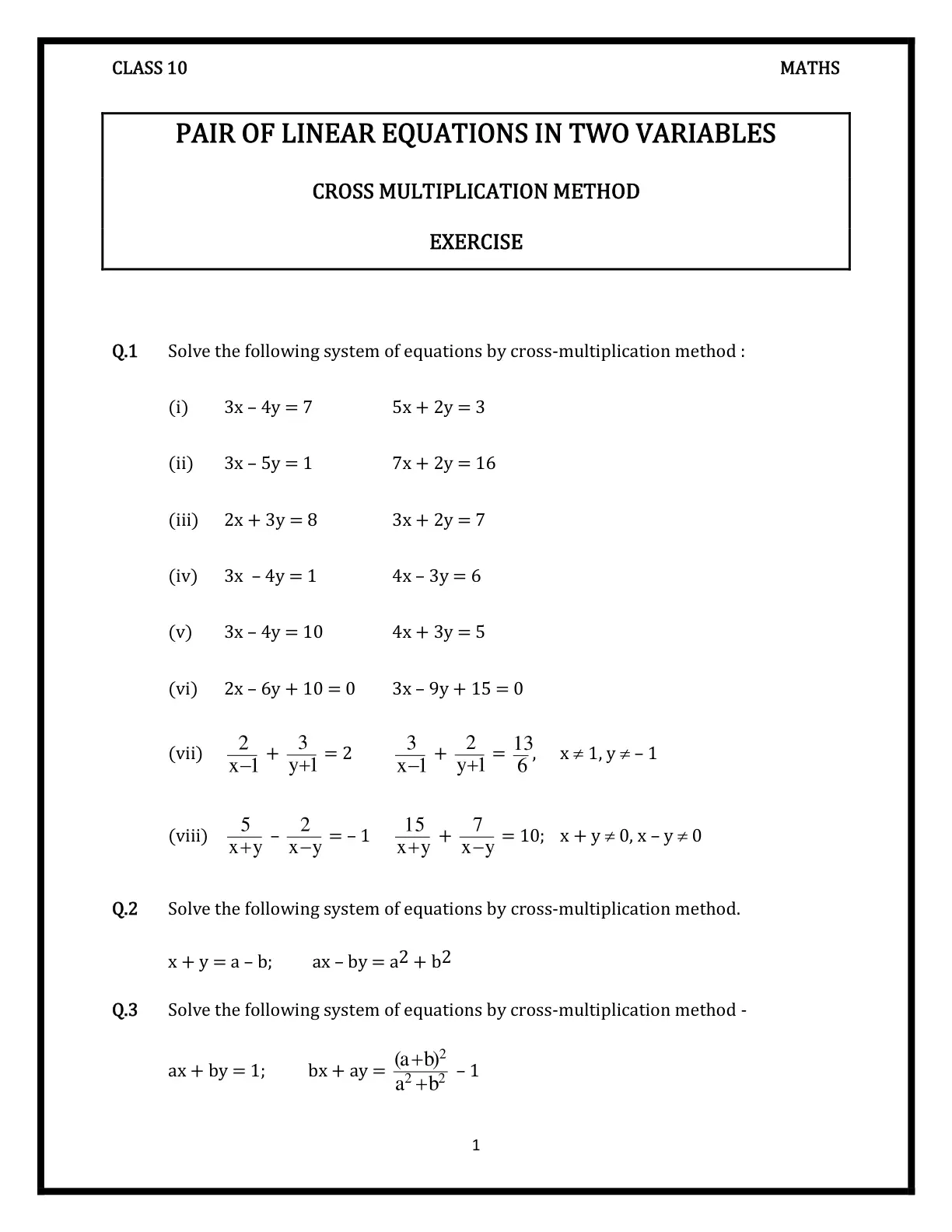 غلاف تقرير PAIR OF LINEAR EQUATIONS IN TWO VARIABLES CROSS MULTIPLICATION METHOD EXERCISE