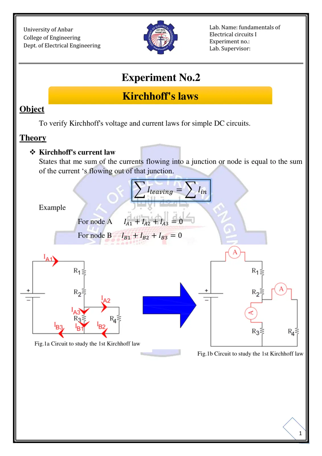 غلاف تقرير Kirchhoff's Laws - Fundamentals of Electrical Circuits I