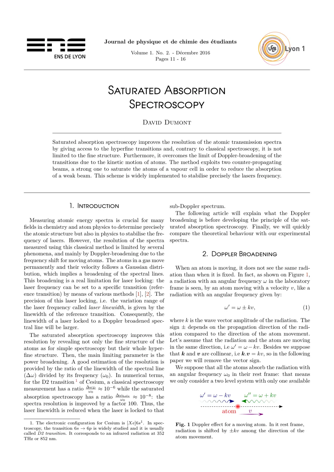 غلاف تقرير SATURATED ABSORPTION SPECTROSCOPY