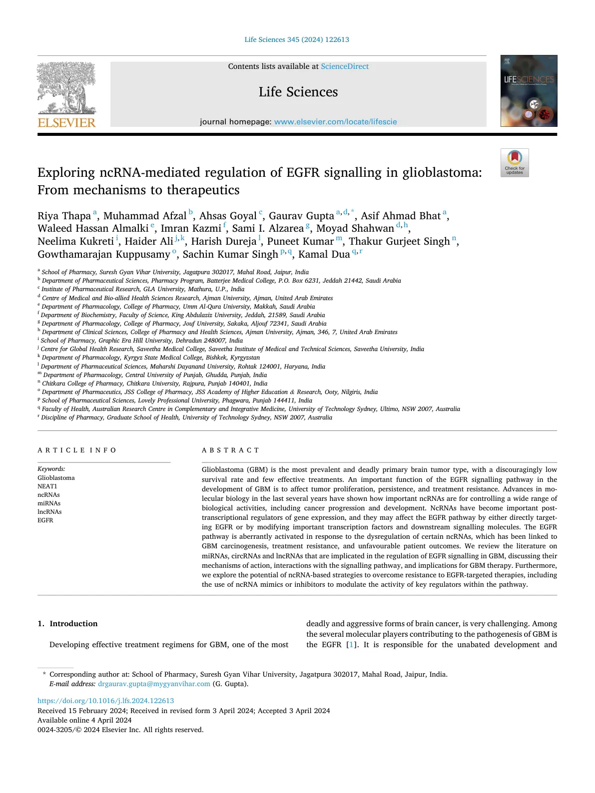 غلاف تقرير Exploring ncRNA-mediated regulation of EGFR signalling in glioblastoma: From mechanisms to therapeutics