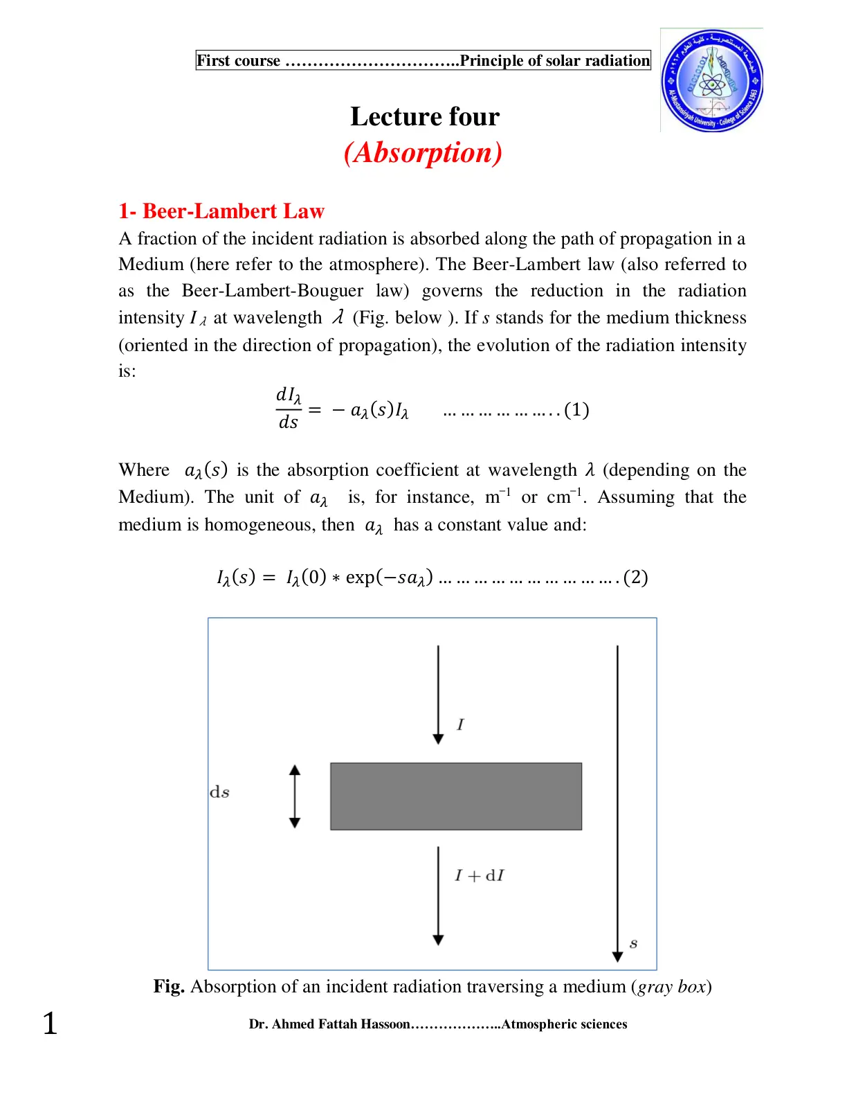 غلاف تقرير Principle of solar radiation Lecture four (Absorption)