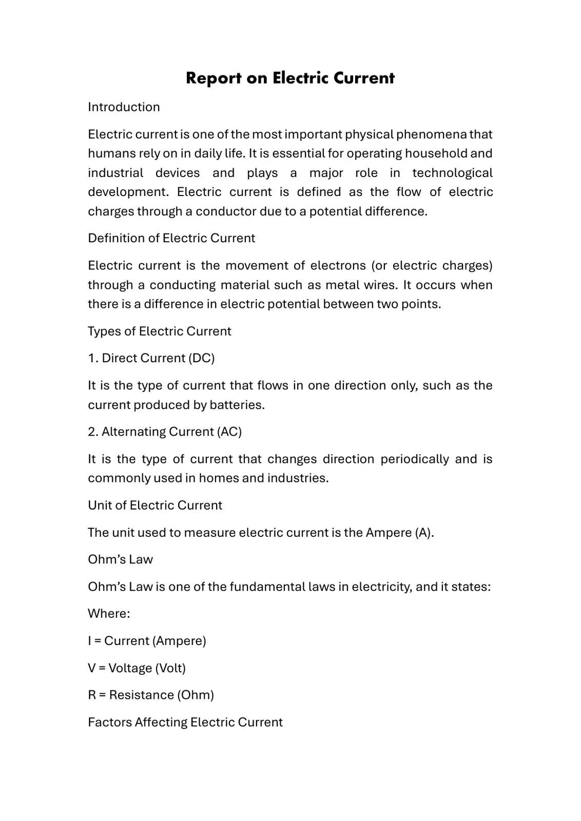 غلاف تقرير Report on Electric Current