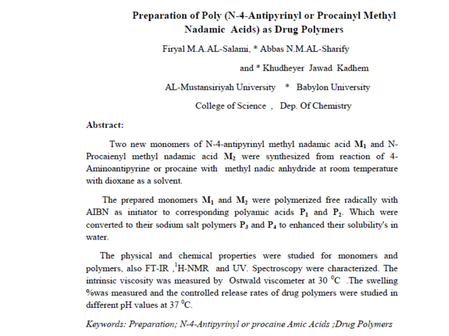 غلاف تقرير Preparation of Poly (N-4-Antipyrinyl or Procainyl Methyl Nadamic Acids) as Drug Polymers