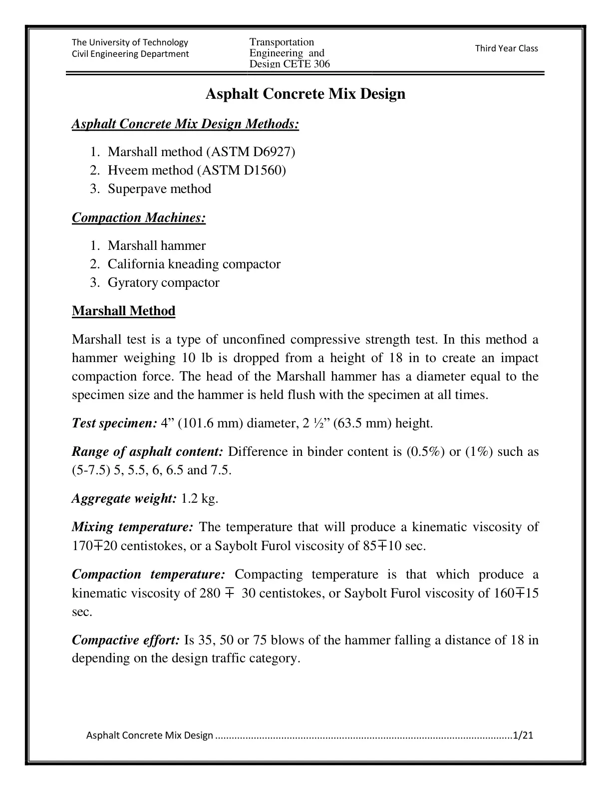 غلاف تقرير Transportation Engineering and Design CETE 306 - Asphalt Concrete Mix Design
