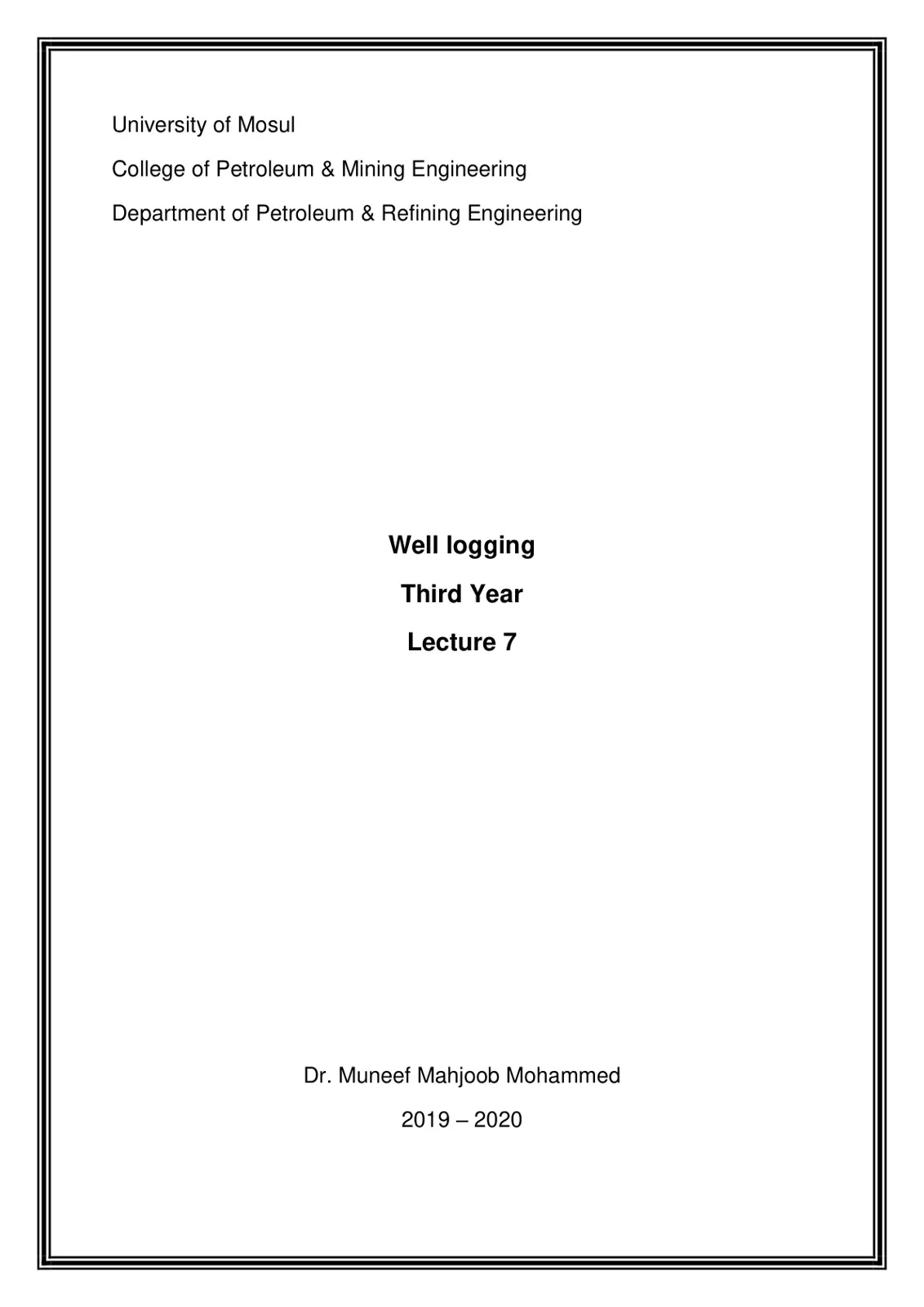 غلاف تقرير Well logging Lecture 7