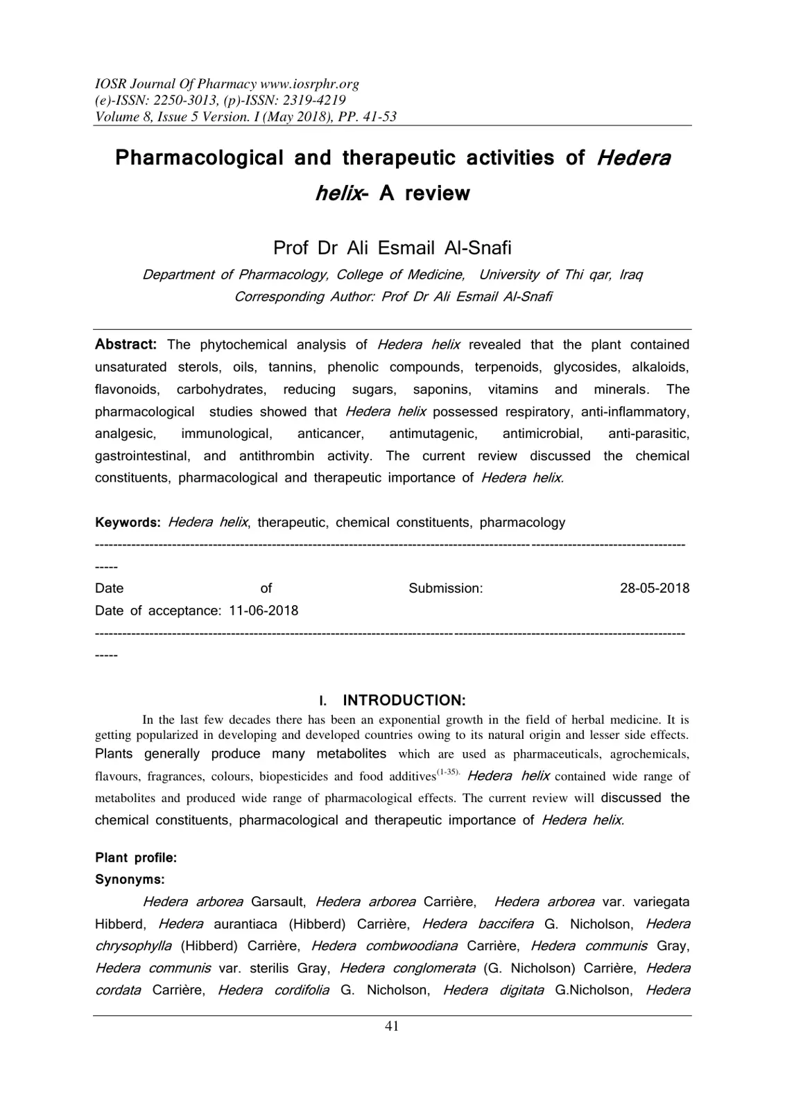 غلاف تقرير Pharmacological and therapeutic activities of Hedera helix- A review