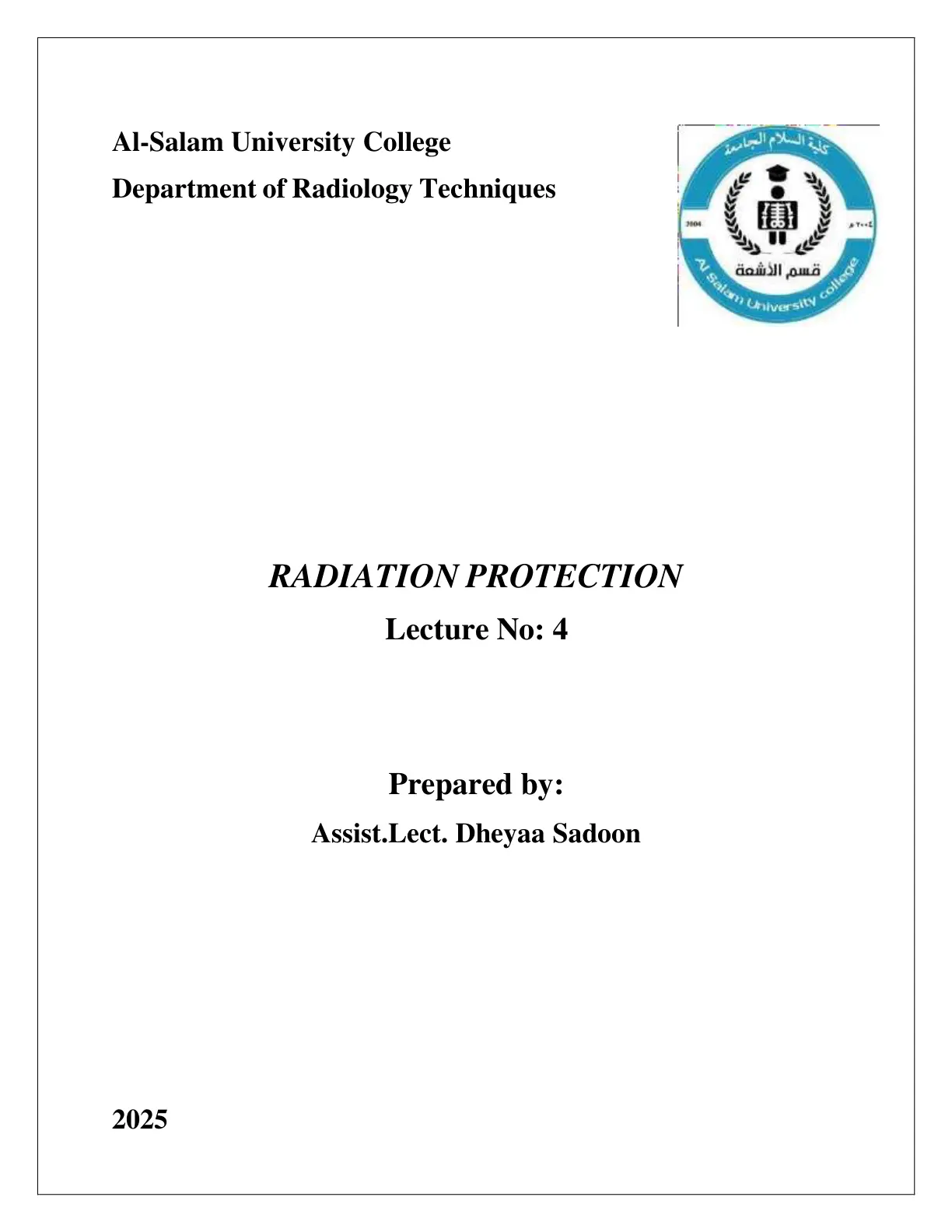 غلاف تقرير RADIATION PROTECTION – Lecture 4
