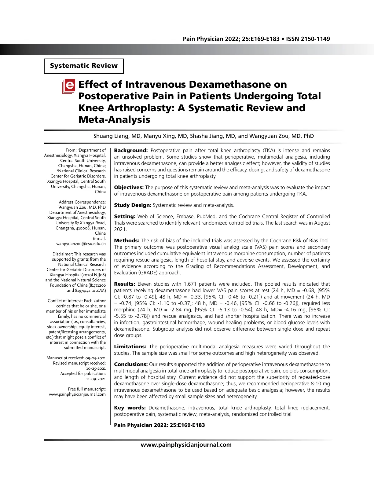 غلاف تقرير The Effect of Intravenous Dexamethasone on Postoperative Pain in Patients Undergoing Total Knee Arthroplasty: A Systematic Review and Meta-Analysis