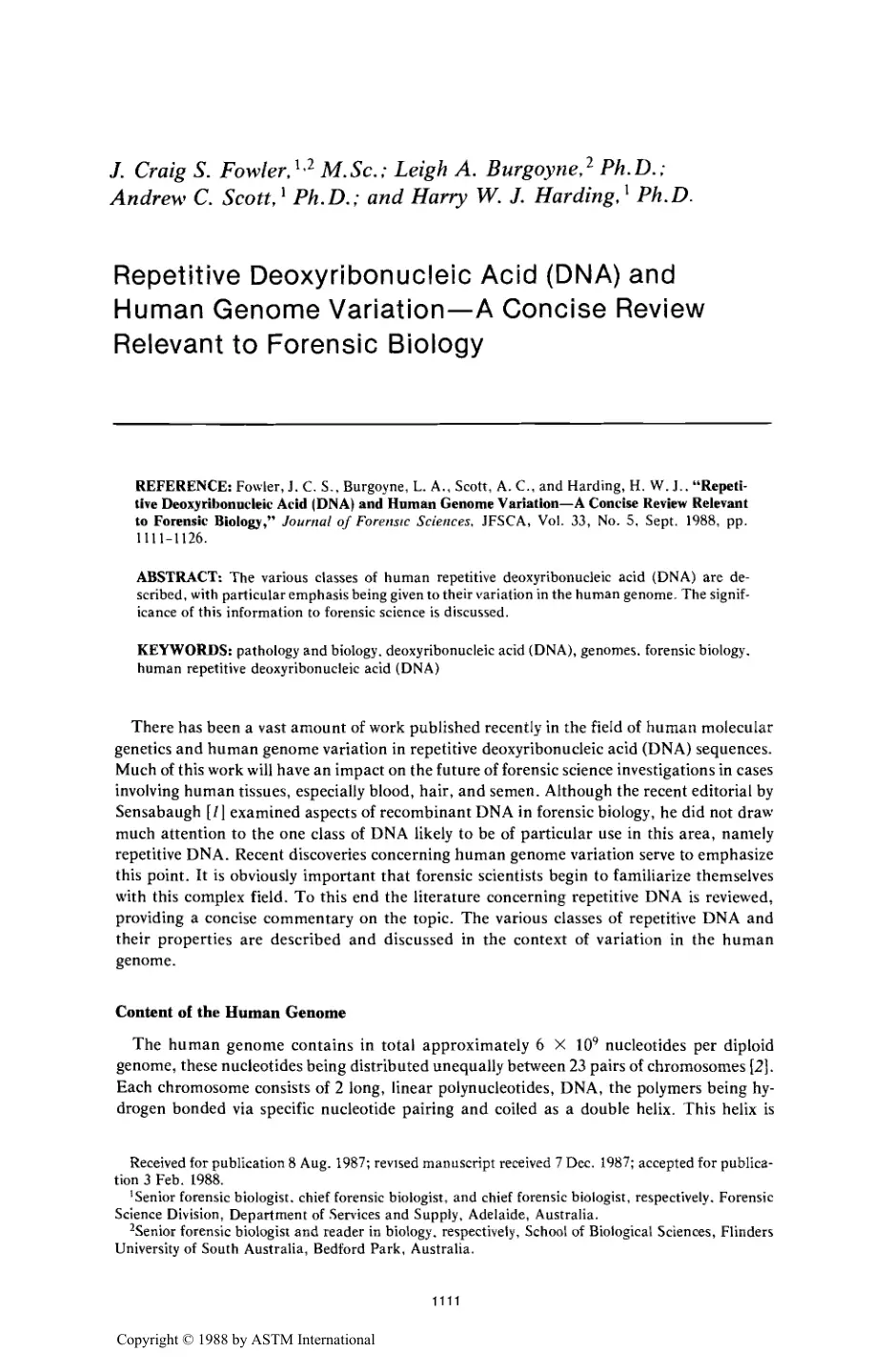 غلاف تقرير Repetitive Deoxyribonucleic Acid (DNA) and Human Genome Variation-A Concise Review Relevant to Forensic Biology