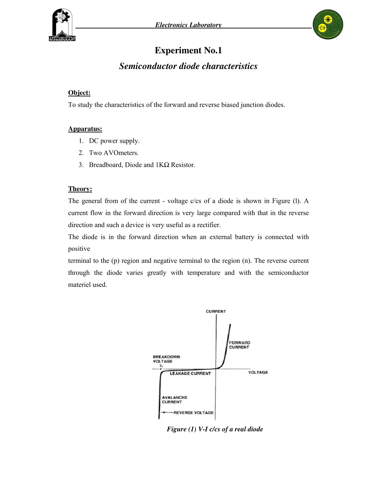 غلاف تقرير Electronics Laboratory, Experiment No.1: Semiconductor Diode Characteristics
