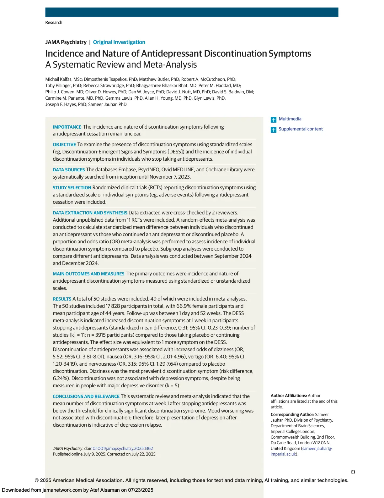 غلاف تقرير Incidence and Nature of Antidepressant Discontinuation Symptoms: A Systematic Review and Meta-Analysis