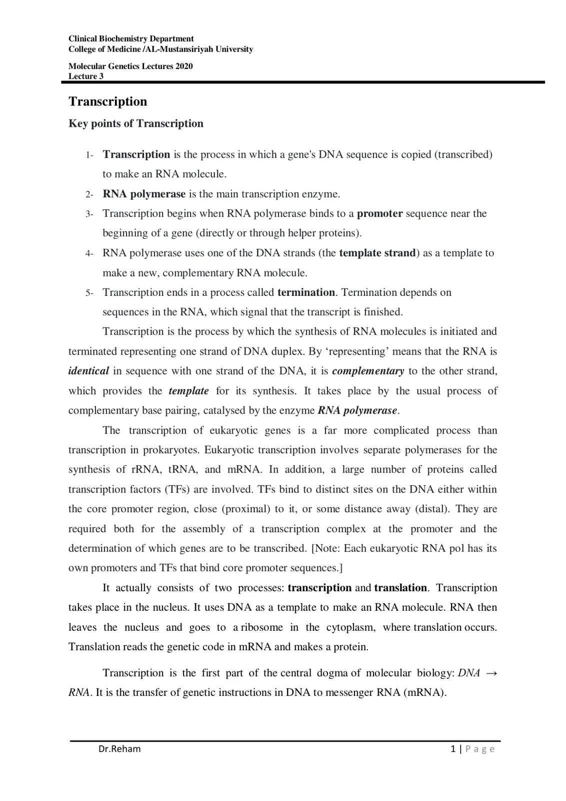 غلاف تقرير Transcription - Molecular Genetics Lectures
