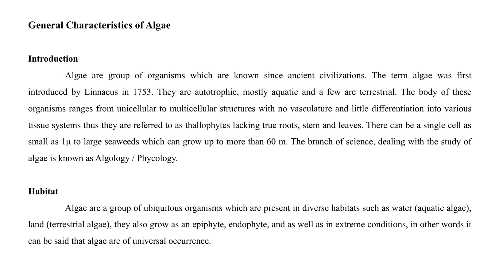 غلاف تقرير General Characteristics of Algae