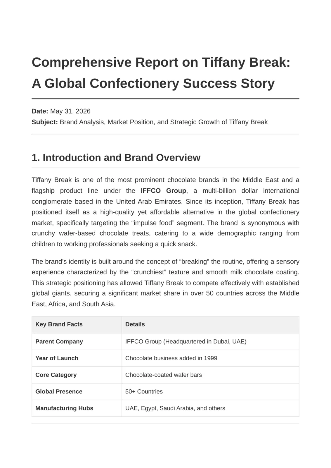 غلاف تقرير Comprehensive Report on Tiffany Break: A Global Confectionery Success Story