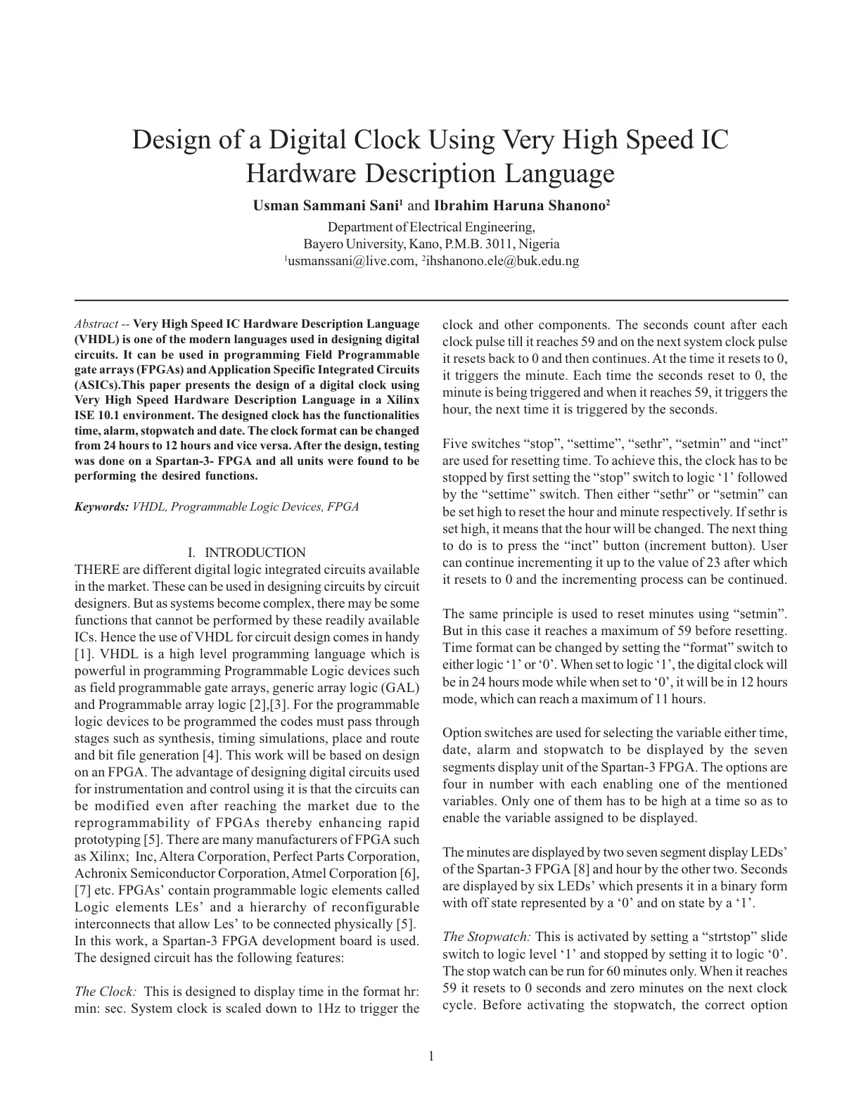 غلاف تقرير Design of a Digital Clock Using Very High Speed IC Hardware Description Language