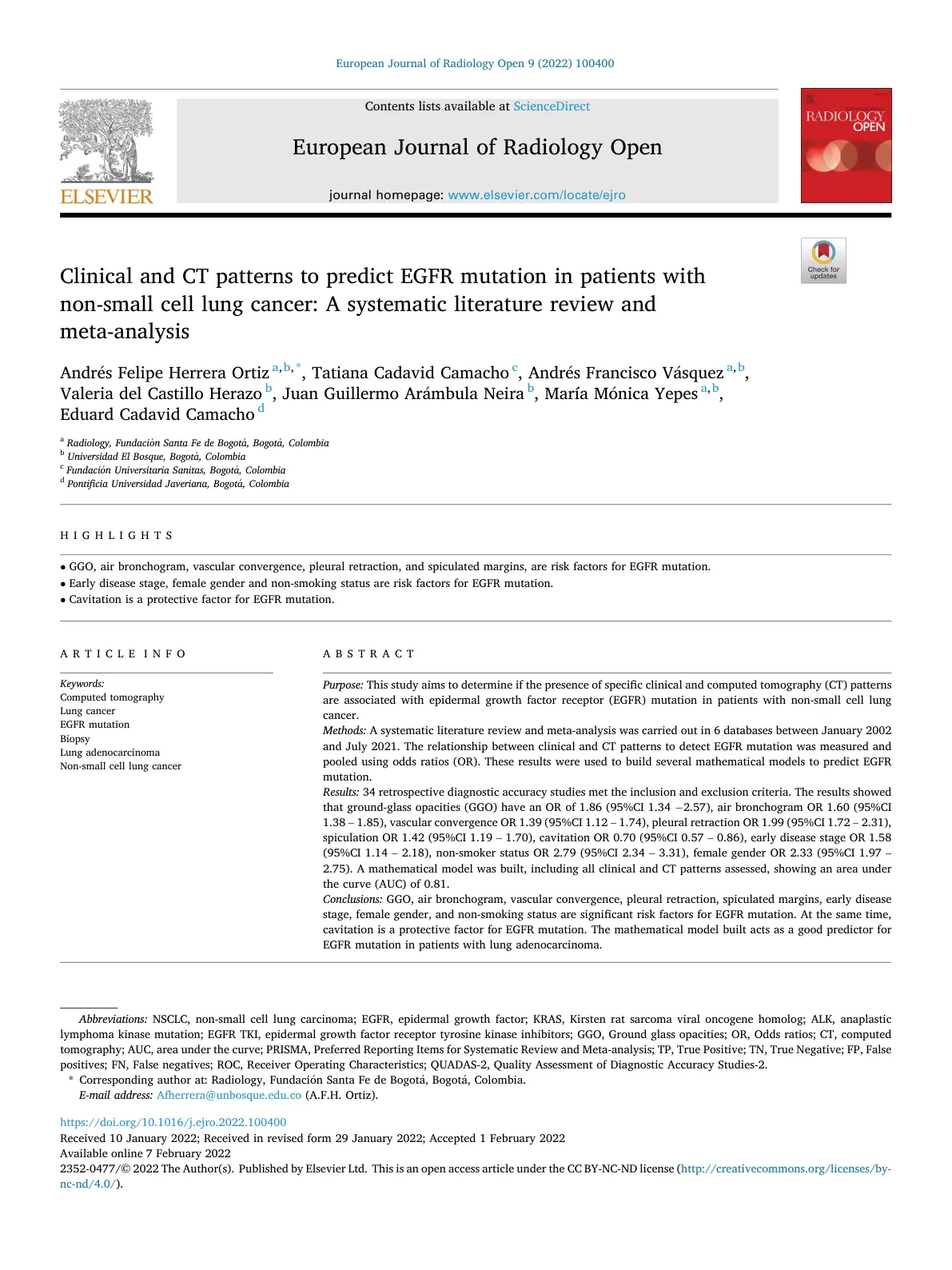 غلاف تقرير Clinical and CT patterns to predict EGFR mutation in patients with non-small cell lung cancer: A systematic literature review and meta-analysis