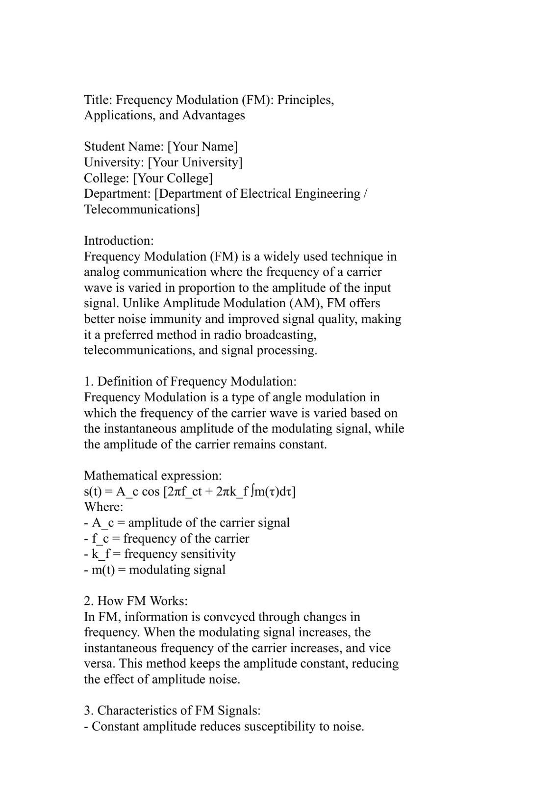 غلاف تقرير Frequency Modulation (FM): Principles, Applications, and Advantages