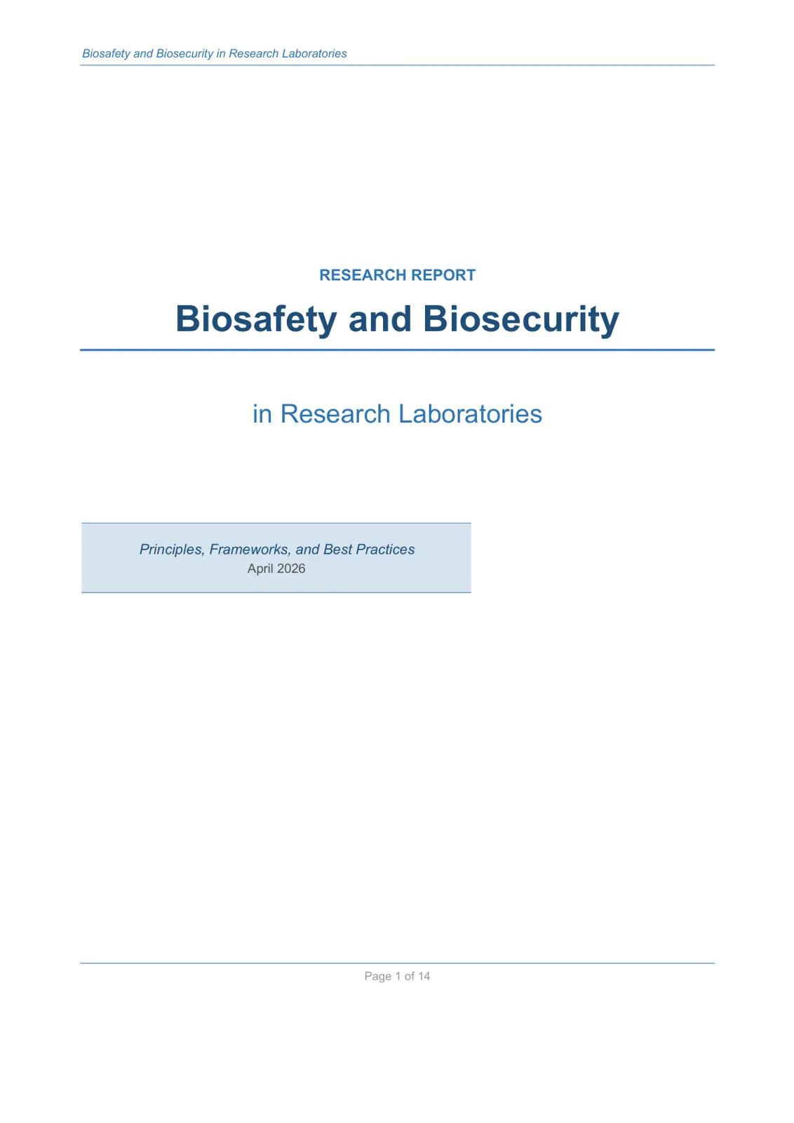 غلاف تقرير Biosafety and Biosecurity in Research Laboratories: Principles, Frameworks, and Best Practices