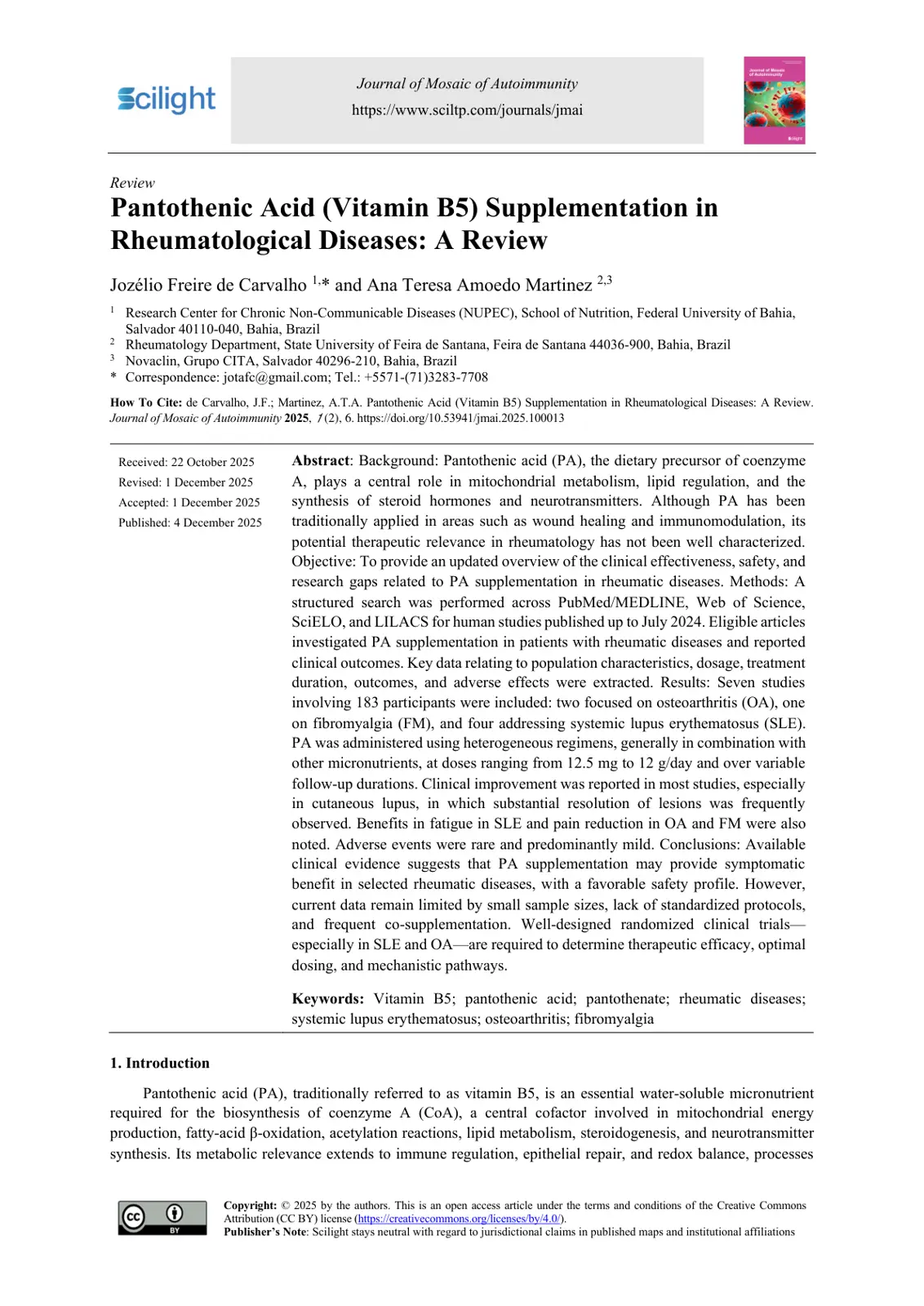 غلاف تقرير Pantothenic Acid (Vitamin B5) Supplementation in Rheumatological Diseases: A Review