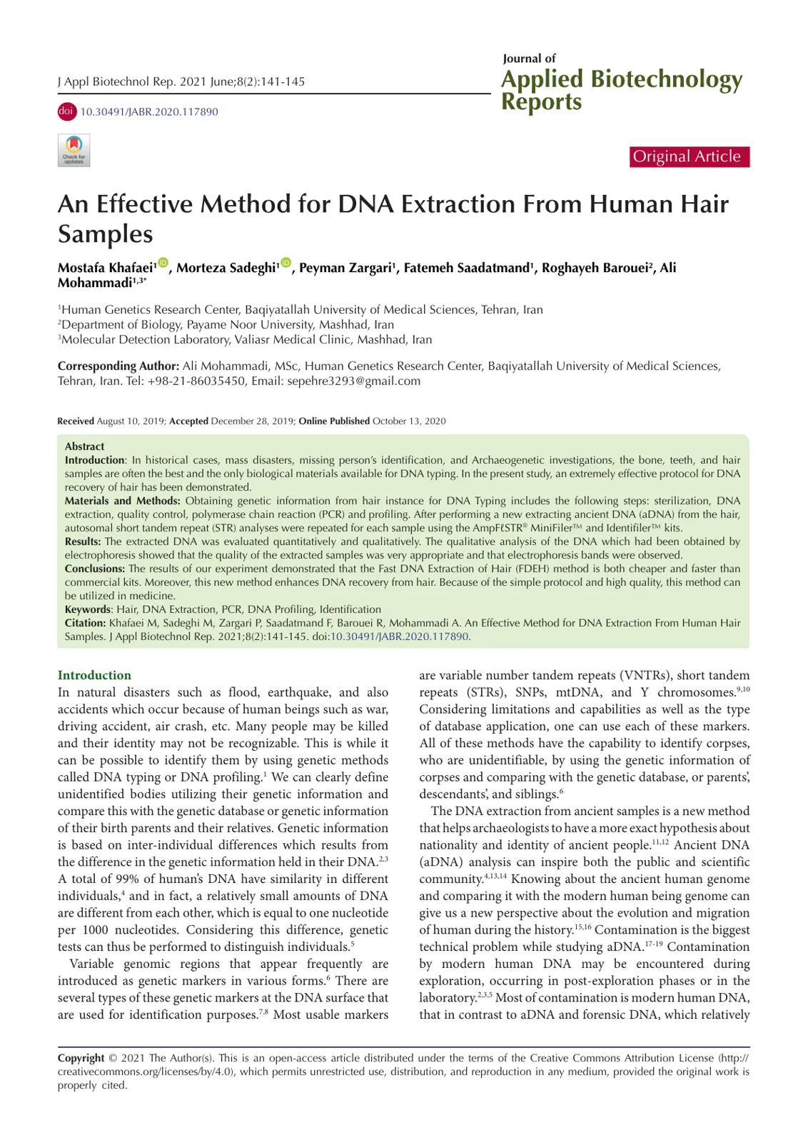 غلاف تقرير An Effective Method for DNA Extraction From Human Hair Samples