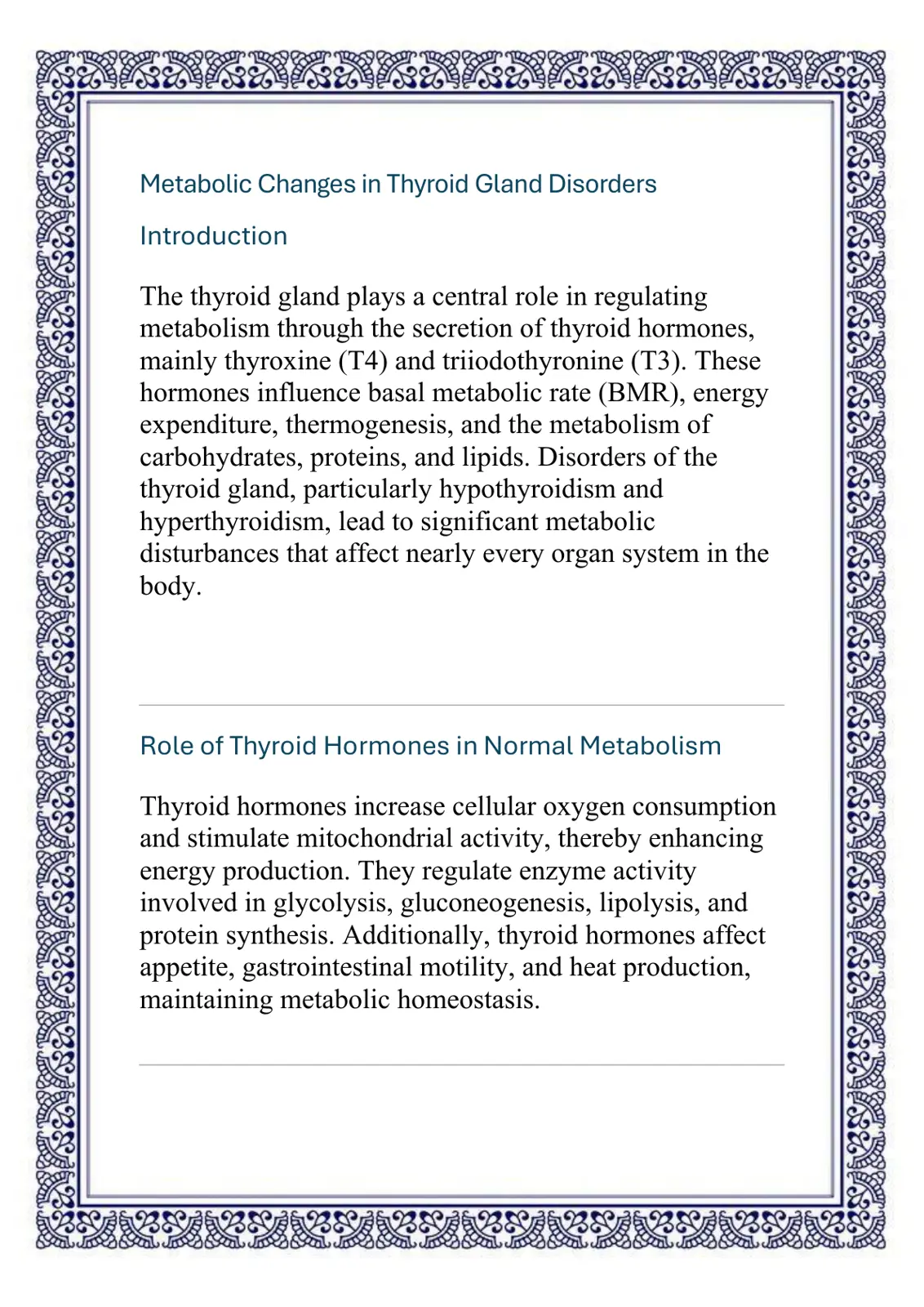 غلاف تقرير Metabolic Changes in Thyroid Gland Disorders