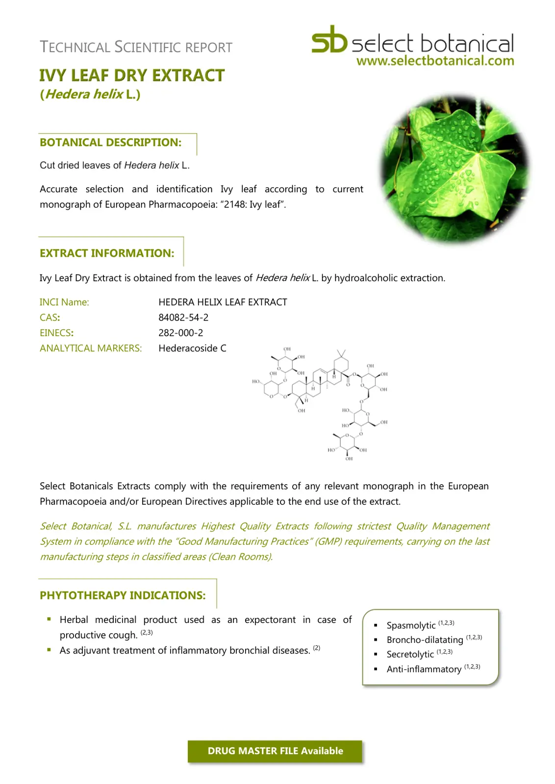 غلاف تقرير TECHNICAL SCIENTIFIC REPORT IVY LEAF DRY EXTRACT (Hedera helix L.)