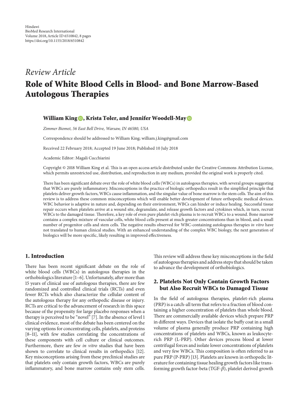 غلاف تقرير Role of White Blood Cells in Blood- and Bone Marrow-Based Autologous Therapies