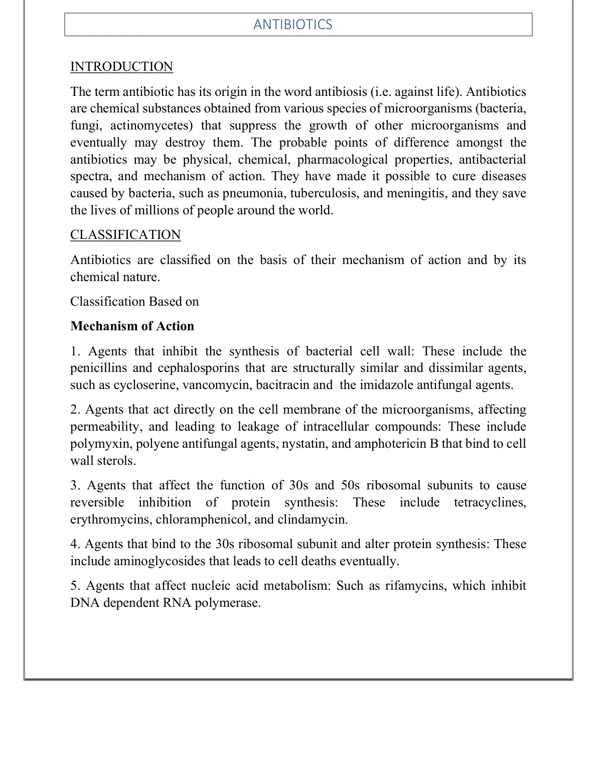 غلاف تقرير ANTIBIOTICS INTRODUCTION