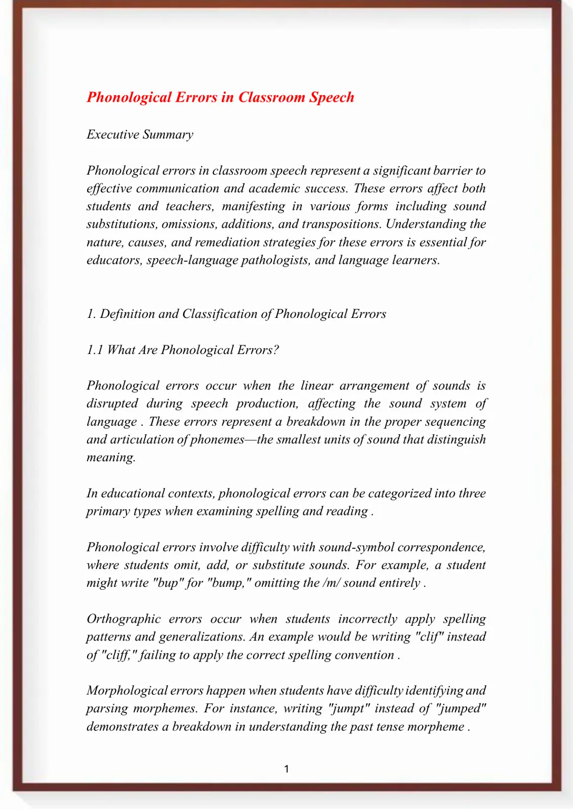 غلاف تقرير Phonological Errors in Classroom Speech