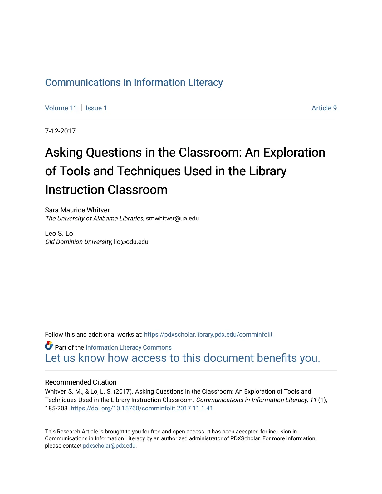 غلاف تقرير Asking Questions in the Classroom: An Exploration of Tools and Techniques Used in the Library Instruction Classroom