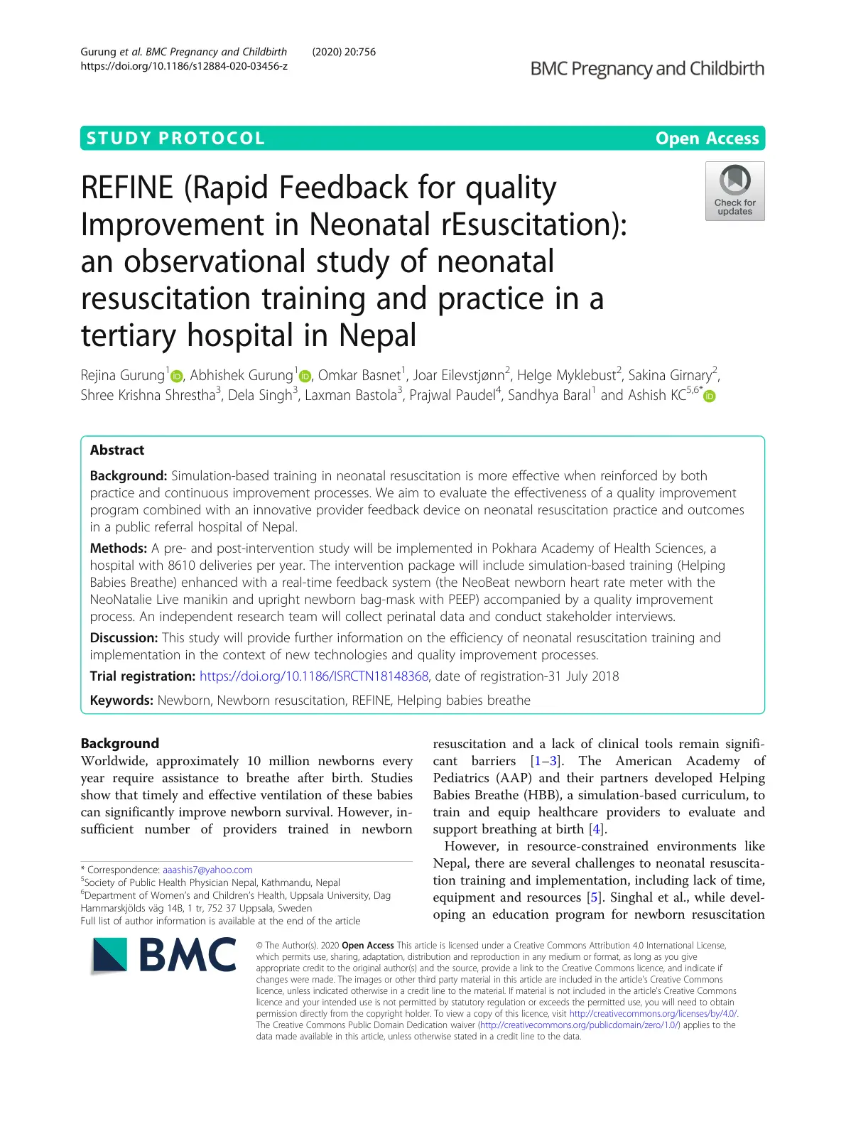 غلاف تقرير REFINE (Rapid Feedback for quality Improvement in Neonatal rEsuscitation): an observational study of neonatal resuscitation training and practice in a tertiary hospital in Nepal