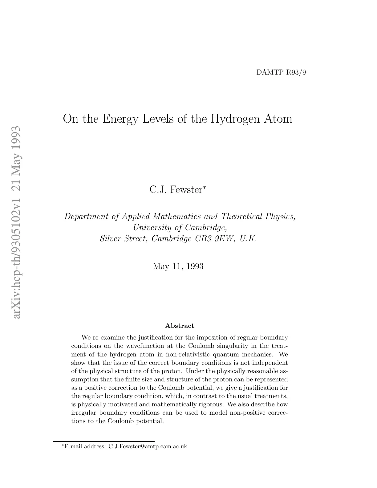 غلاف تقرير On the Energy Levels of the Hydrogen Atom