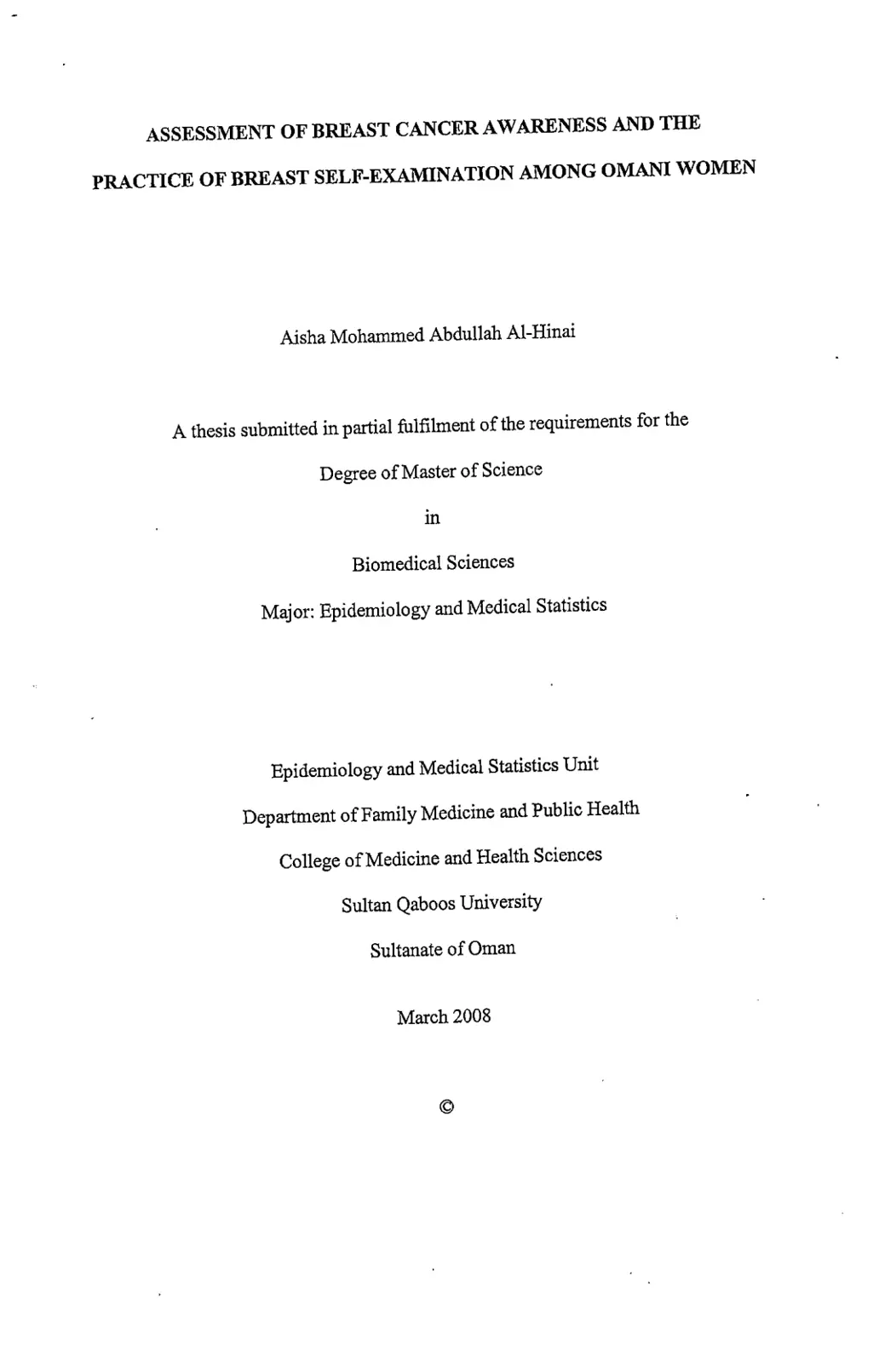 غلاف تقرير ASSESSMENT OF BREAST CANCER AWARENESS AND THE PRACTICE OF BREAST SELF-EXAMINATION AMONG OMANI WOMEN