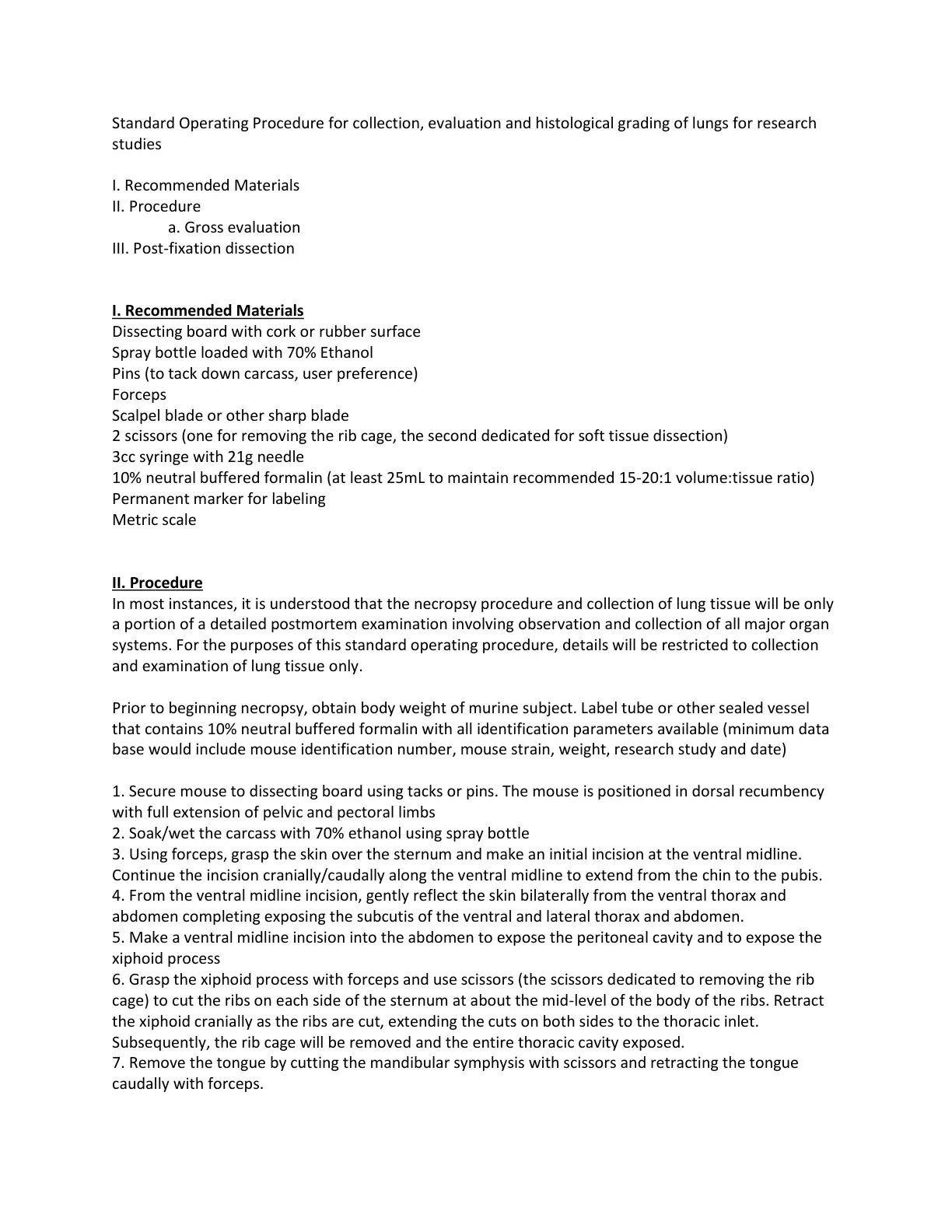غلاف تقرير Standard Operating Procedure for collection, evaluation and histological grading of lungs for research studies