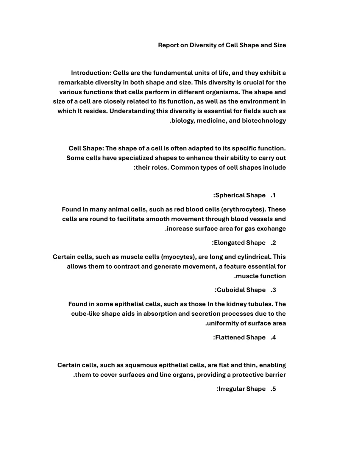 غلاف تقرير Report on Diversity of Cell Shape and Size
