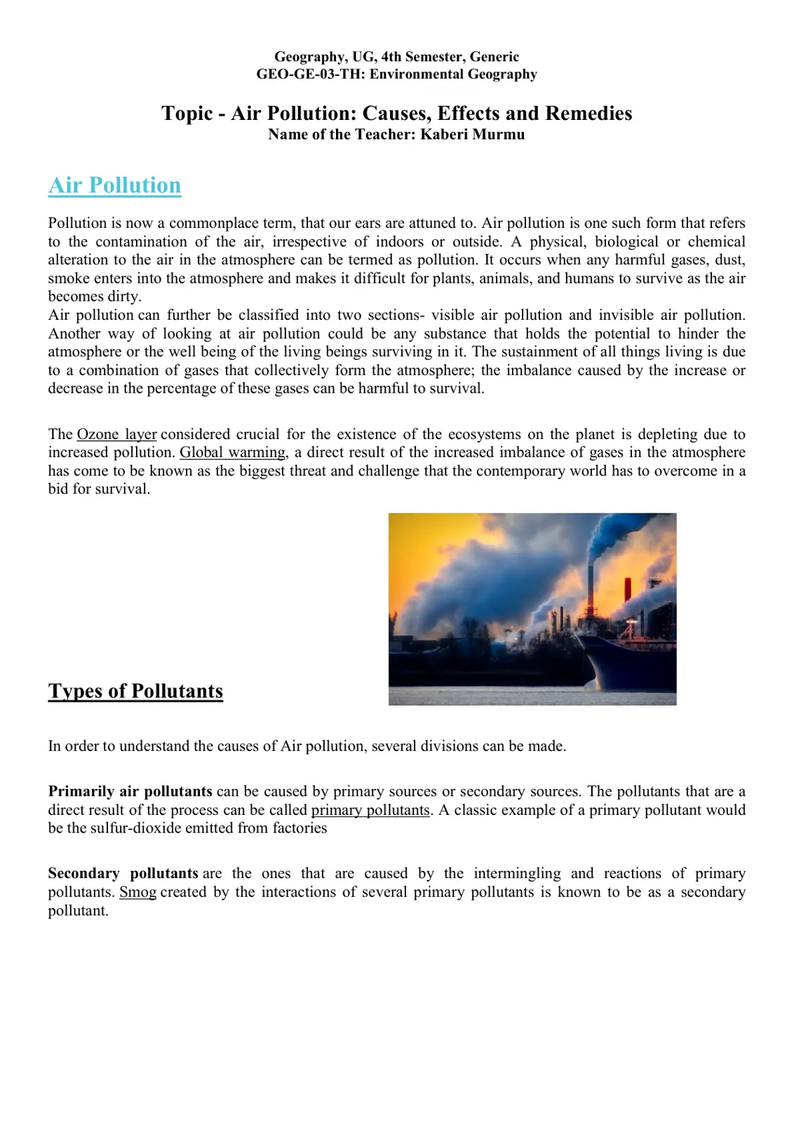 غلاف تقرير Environmental Geography – Air Pollution: Causes, Effects and Remedies