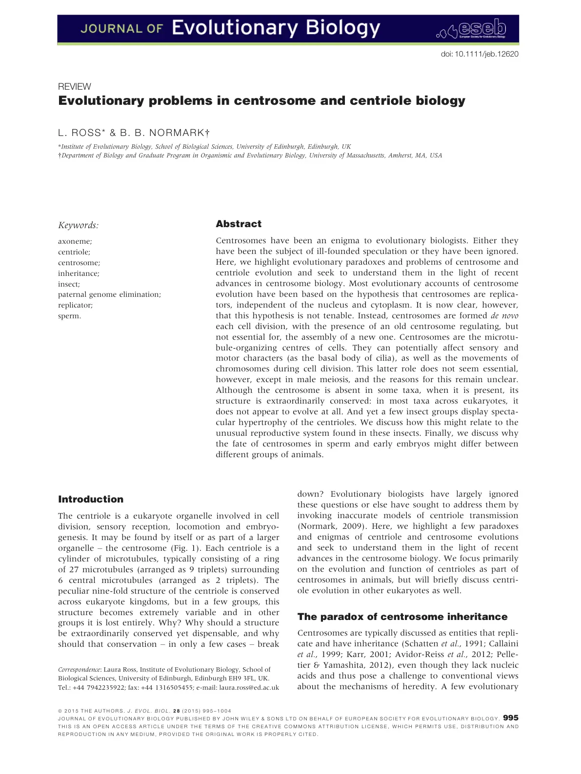 غلاف تقرير Evolutionary problems in centrosome and centriole biology