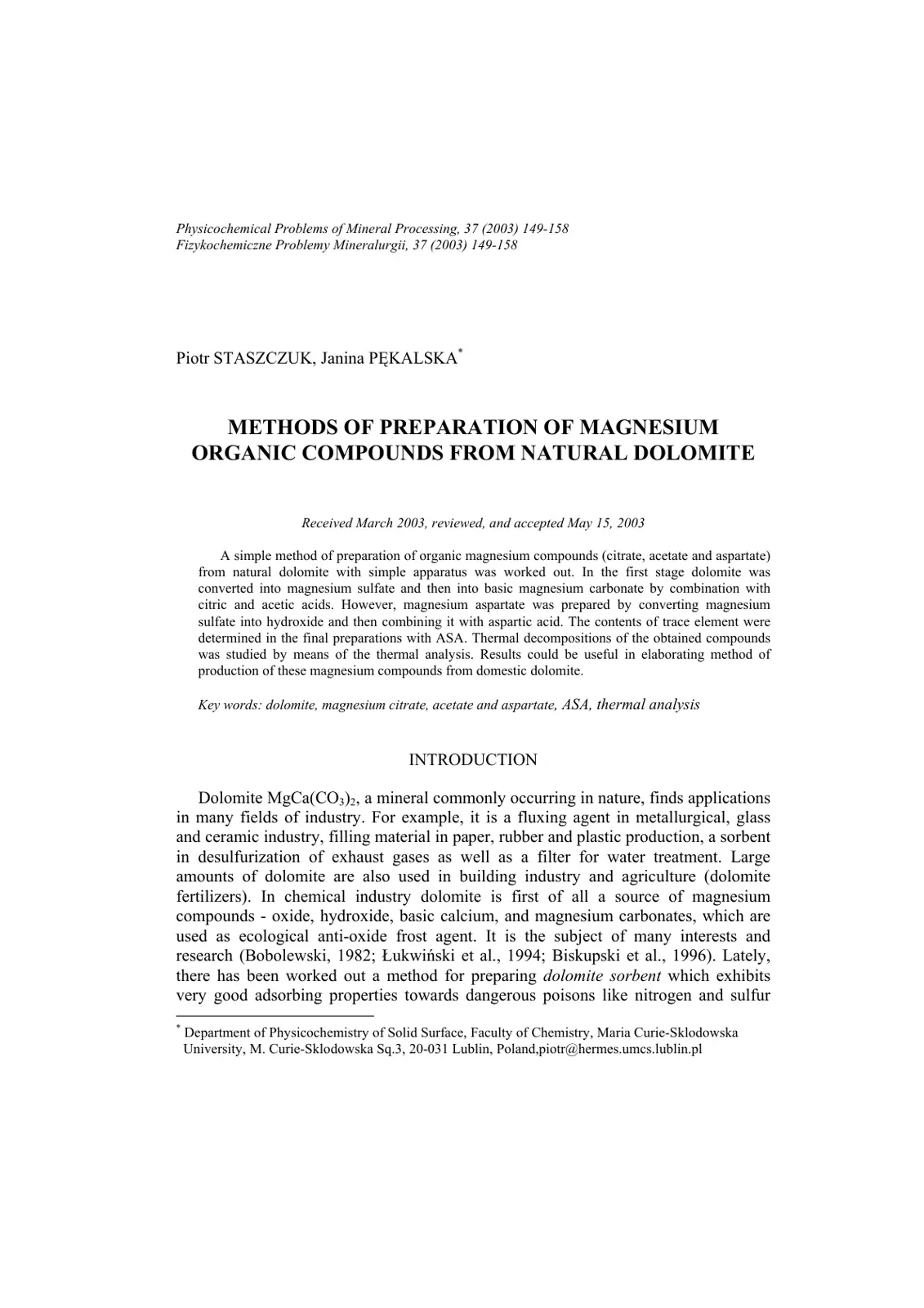 غلاف تقرير Methods of preparation of magnesium organic compounds from natural dolomite