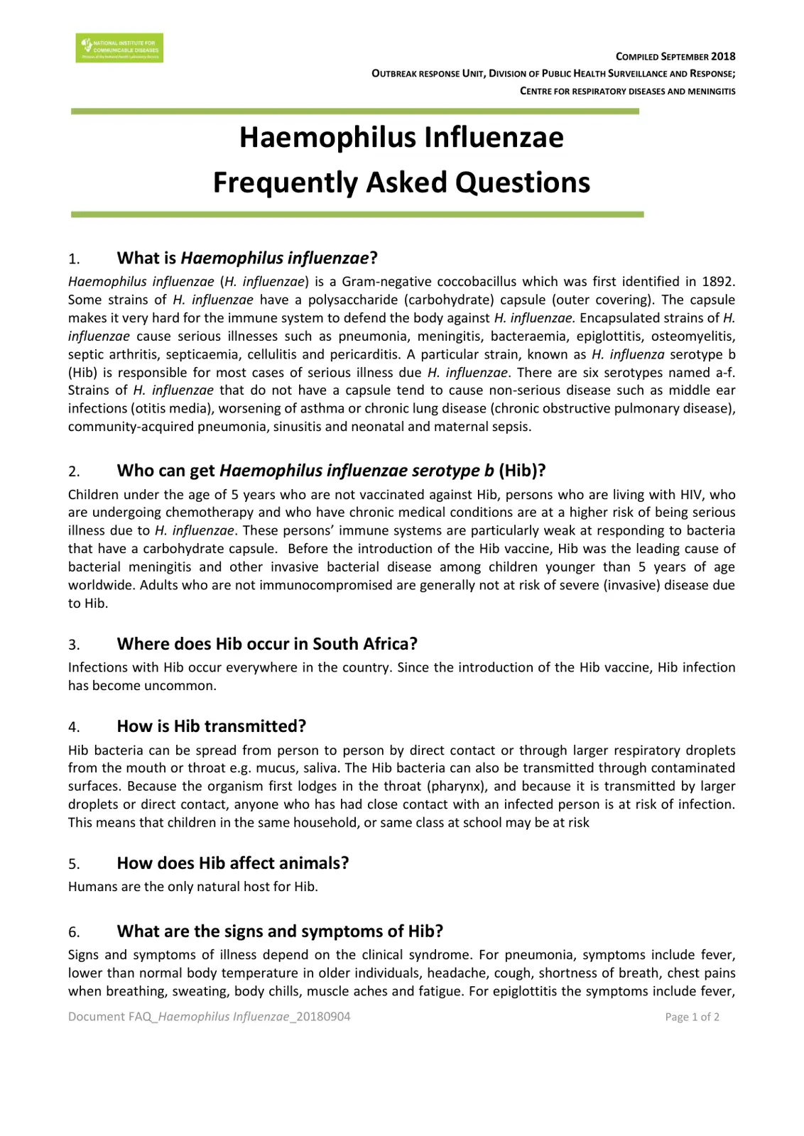 غلاف تقرير Haemophilus Influenzae: Frequently Asked Questions