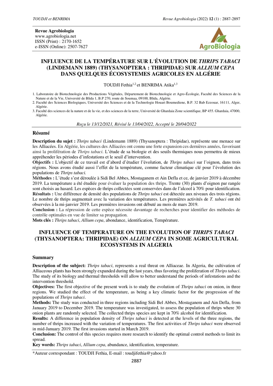 غلاف تقرير INFLUENCE DE LA TEMPÉRATURE SUR L'ÉVOLUTION DE THRIPS TABACI (LINDEMANN 1889) (THYSANOPTERA: THRIPIDAE) SUR ALLIUM CEPA DANS QUELQUES ÉCOSYSTÈMES AGRICOLES EN ALGÉRIE