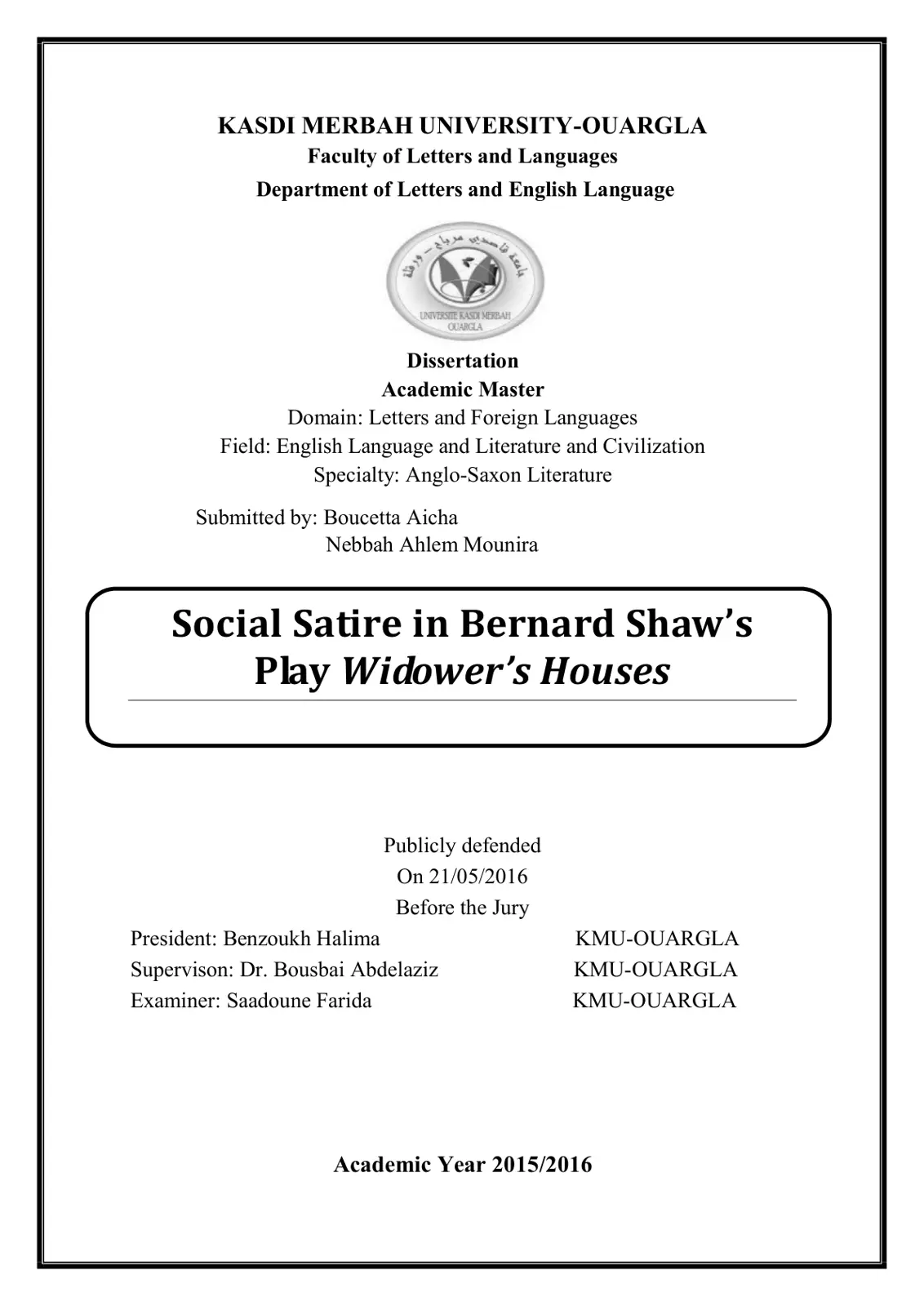 غلاف تقرير Social Satire in Bernard Shaw's Play Widower's Houses