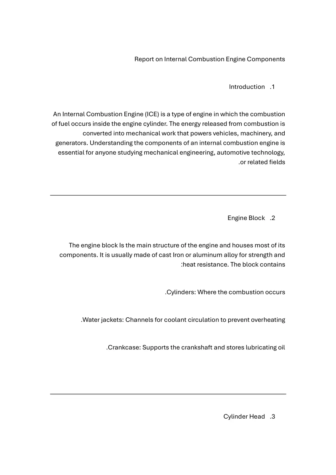 غلاف تقرير Report on Internal Combustion Engine Components