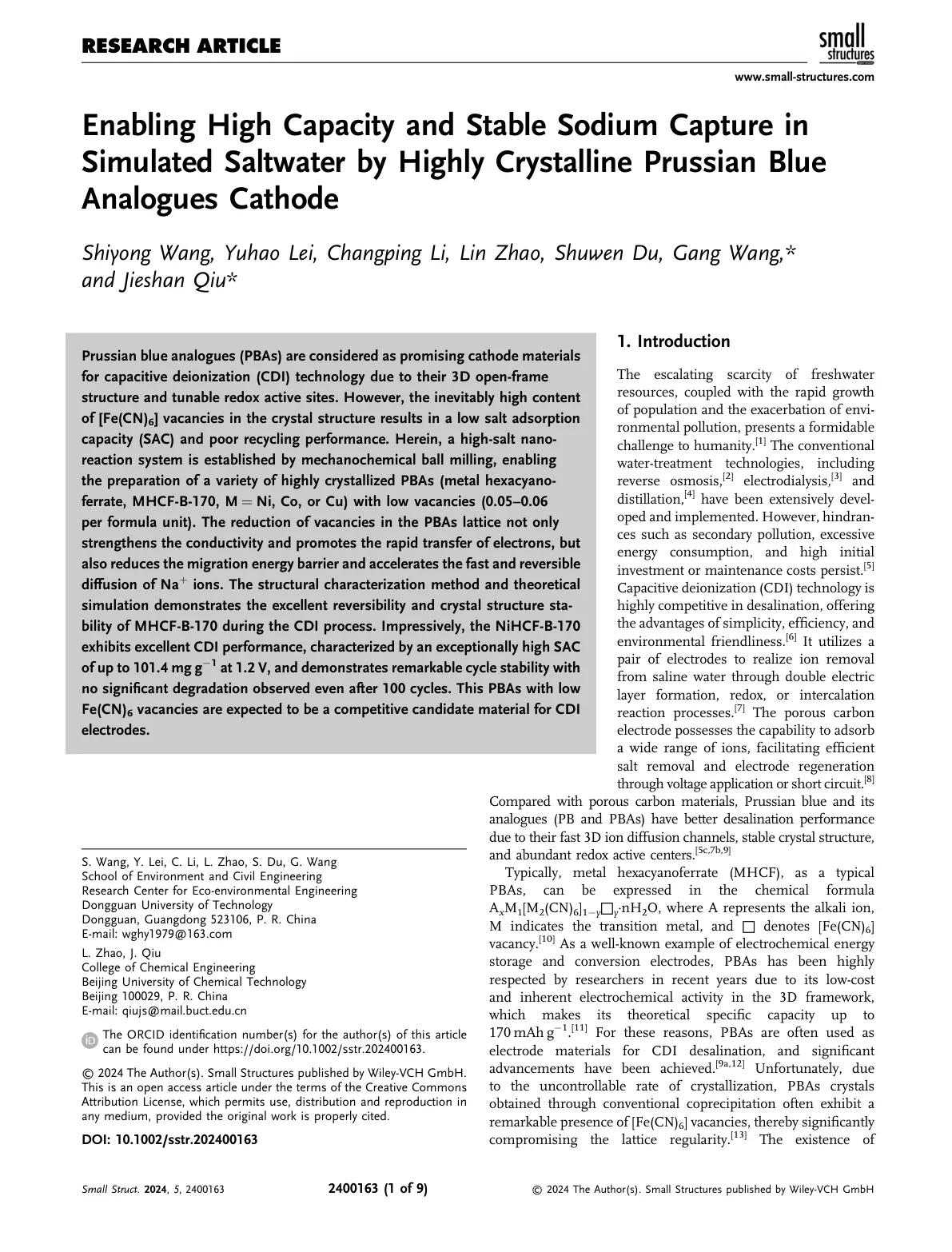 غلاف تقرير Enabling High Capacity and Stable Sodium Capture in Simulated Saltwater by Highly Crystalline Prussian Blue Analogues Cathode